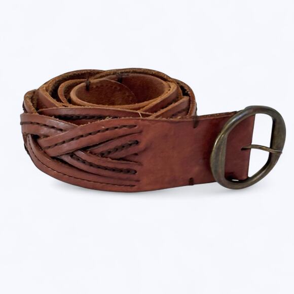 Ruehl No.925 Accessories - Ruehl Braided Leather Belt Womens L Boho Western Coastal Cowgirl Brass Buckle